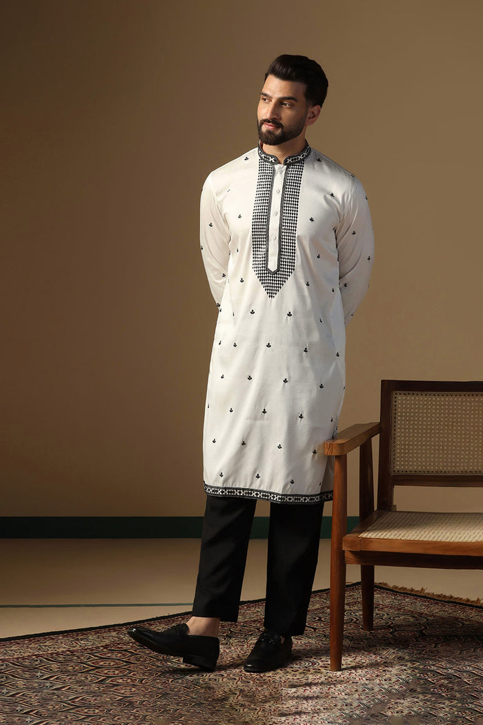 White Silk Blend Embroidered Kurta Set