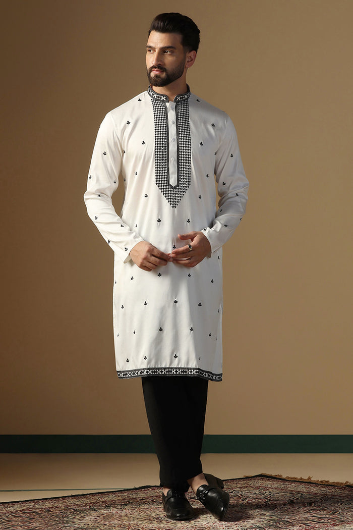 White Silk Blend Embroidered Kurta Set