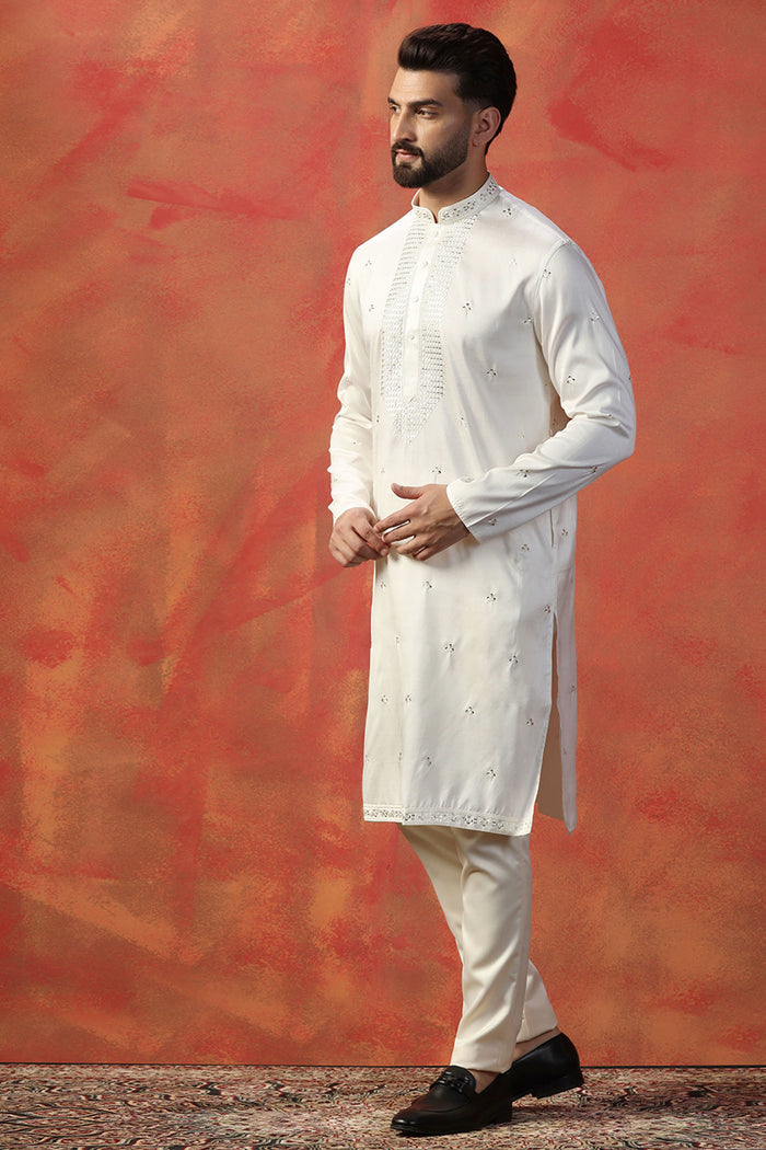 White Silk Blend Embroidered Kurta Set
