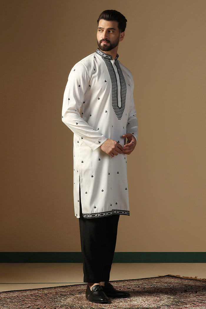 White Silk Blend Embroidered Kurta Set