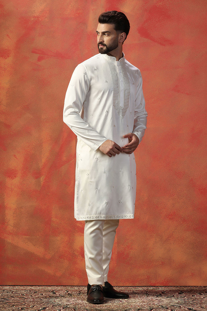 White Silk Blend Embroidered Kurta Set