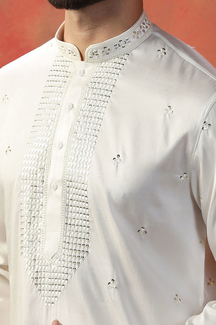 White Silk Blend Embroidered Kurta Set