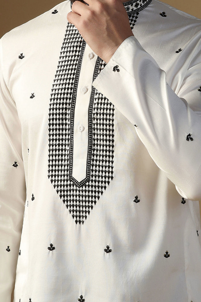 White Silk Blend Embroidered Kurta Set