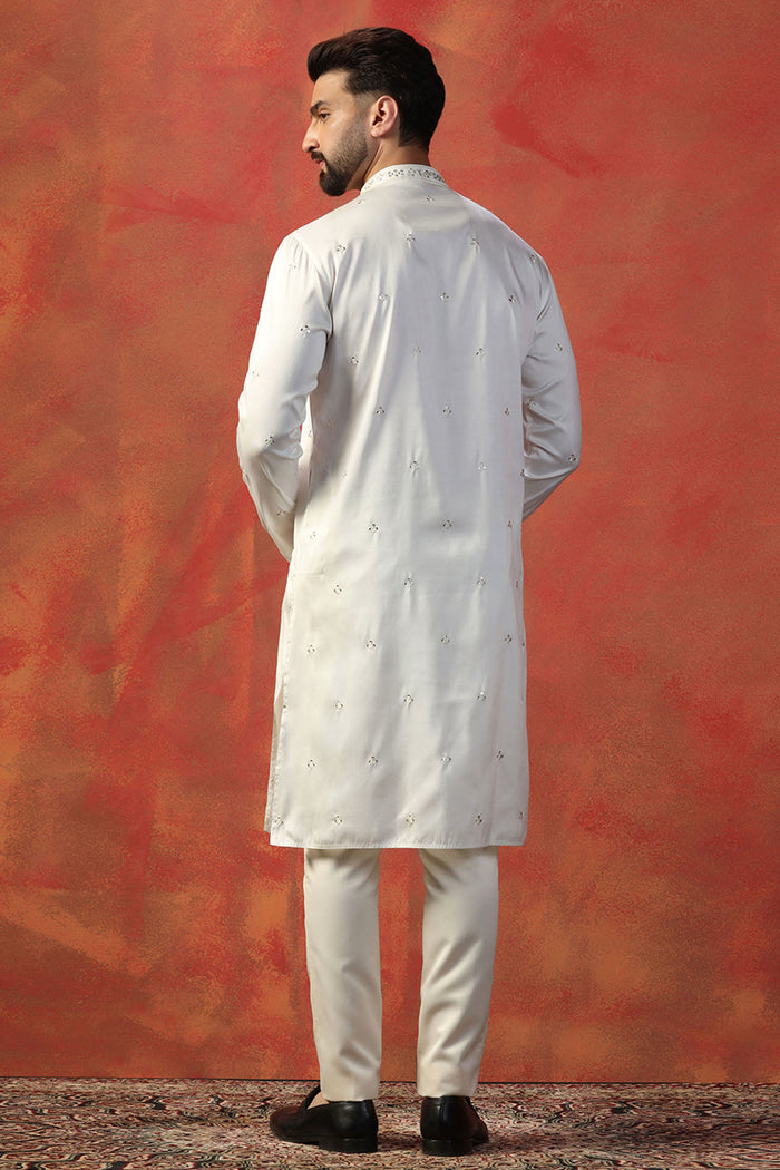 White Silk Blend Embroidered Kurta Set