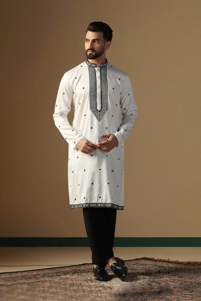 White Silk Blend Embroidered Kurta