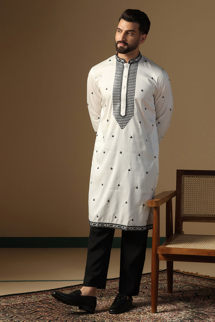 White Silk Blend Embroidered Kurta