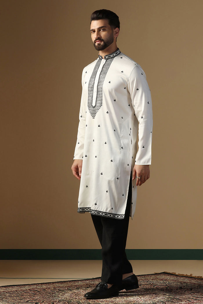 White Silk Blend Embroidered Kurta