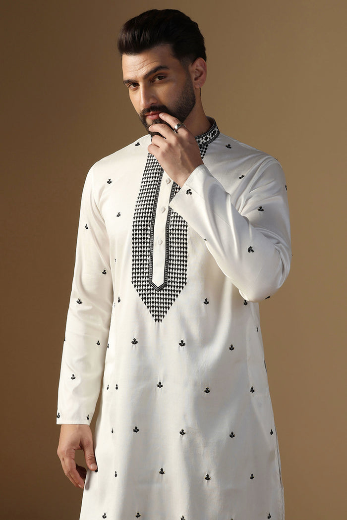 White Silk Blend Embroidered Kurta