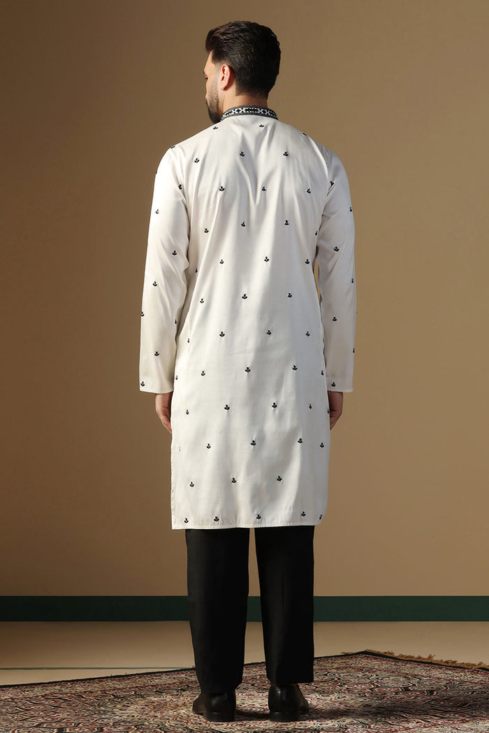 White Silk Blend Embroidered Kurta