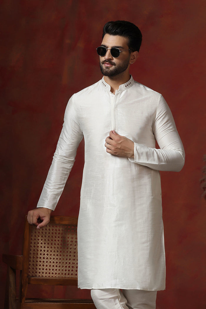 White Solid Dupion Kurta Set
