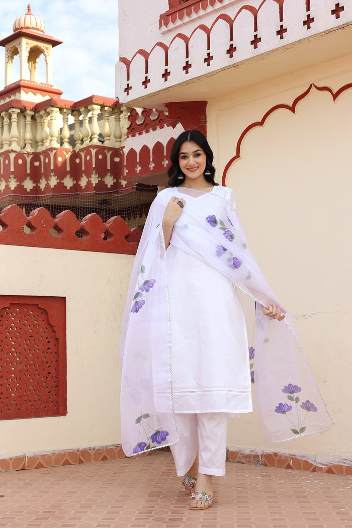 White Taffeta Silk Suit Set With Floral Prints