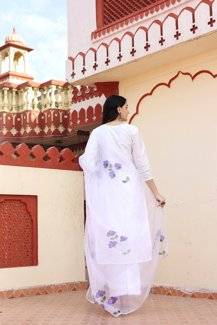 White Taffeta Silk Suit Set With Floral Prints
