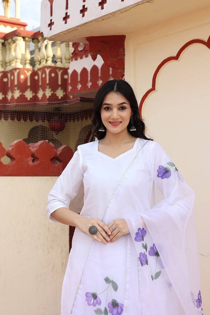 White Taffeta Silk Suit Set With Floral Prints