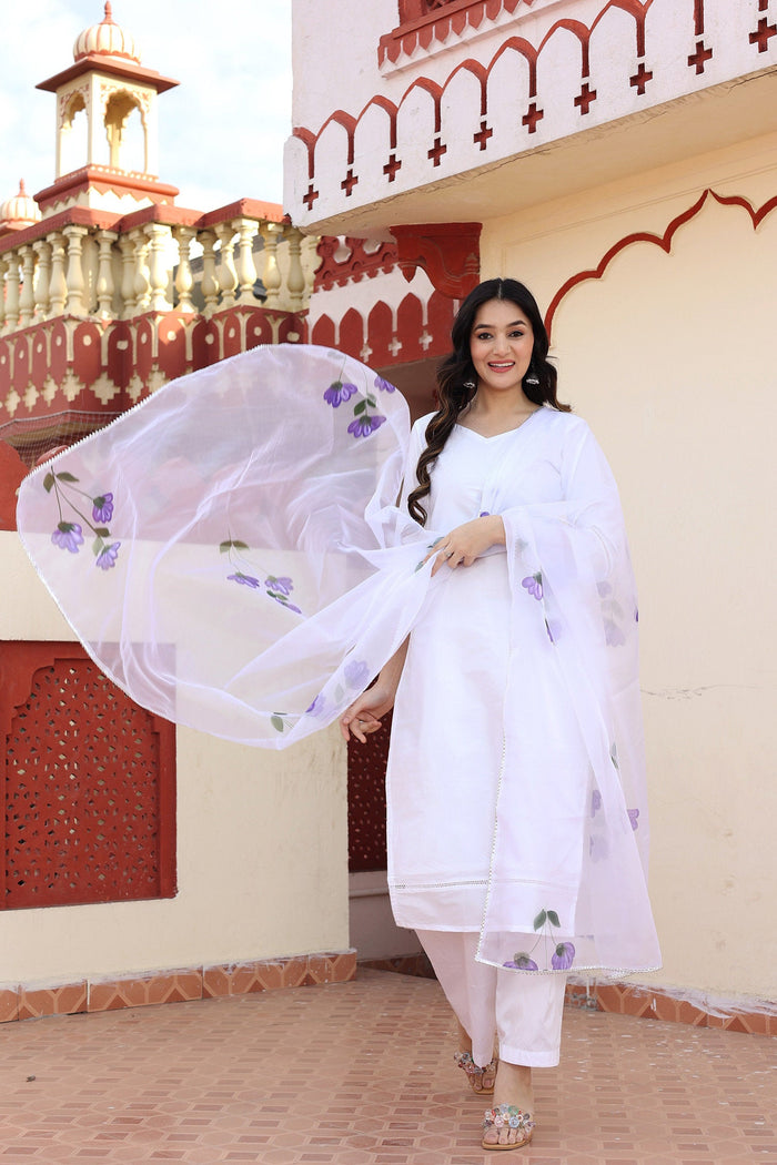 White Taffeta Silk Suit Set With Floral Prints