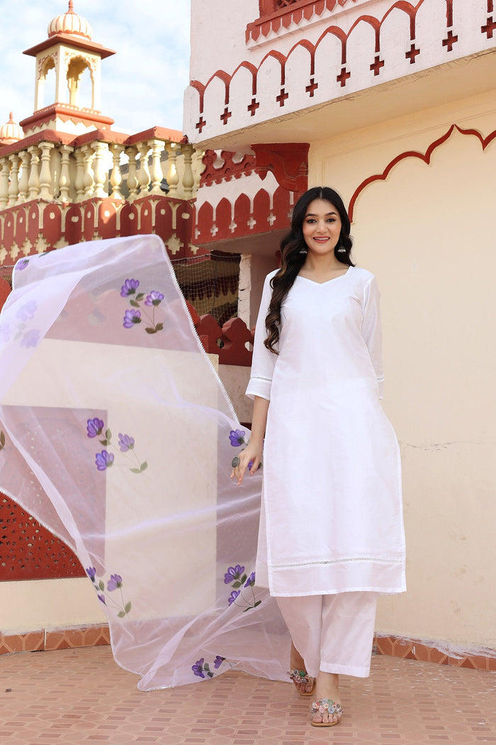 White Taffeta Silk Suit Set With Floral Prints