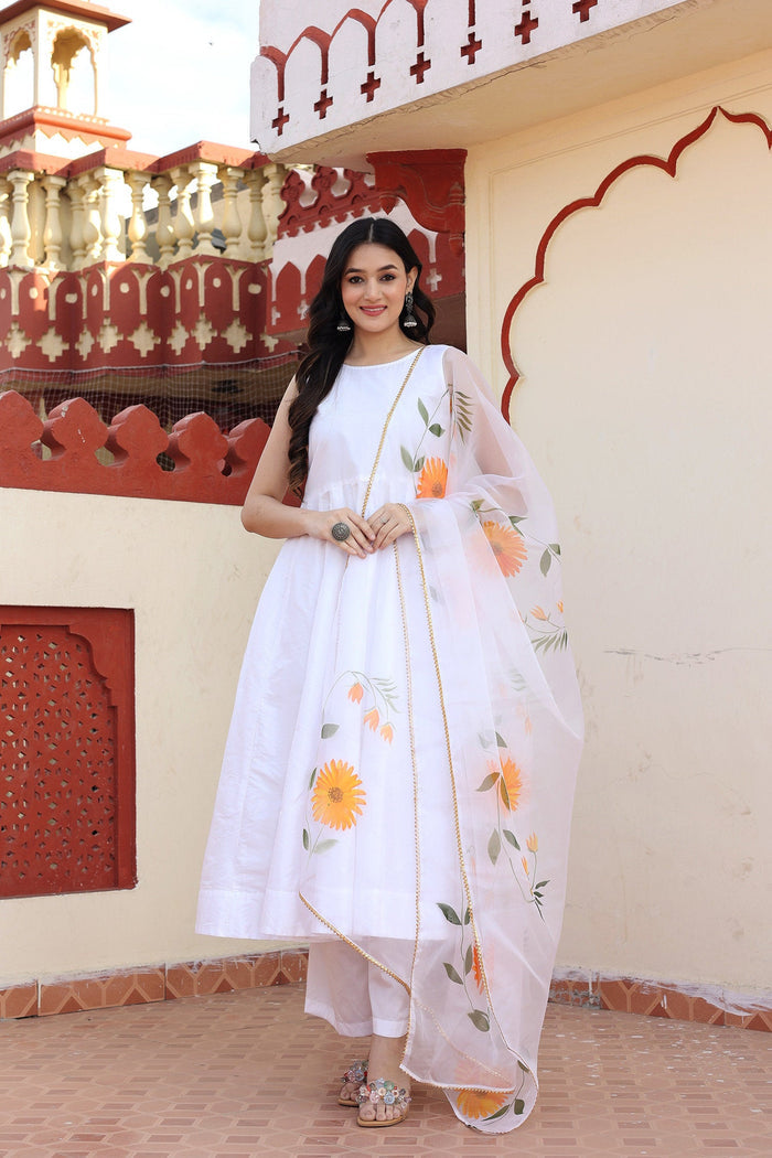 White Taffeta Silk Suit Set With Orange Floral Prints