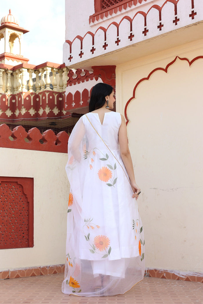 White Taffeta Silk Suit Set With Orange Floral Prints