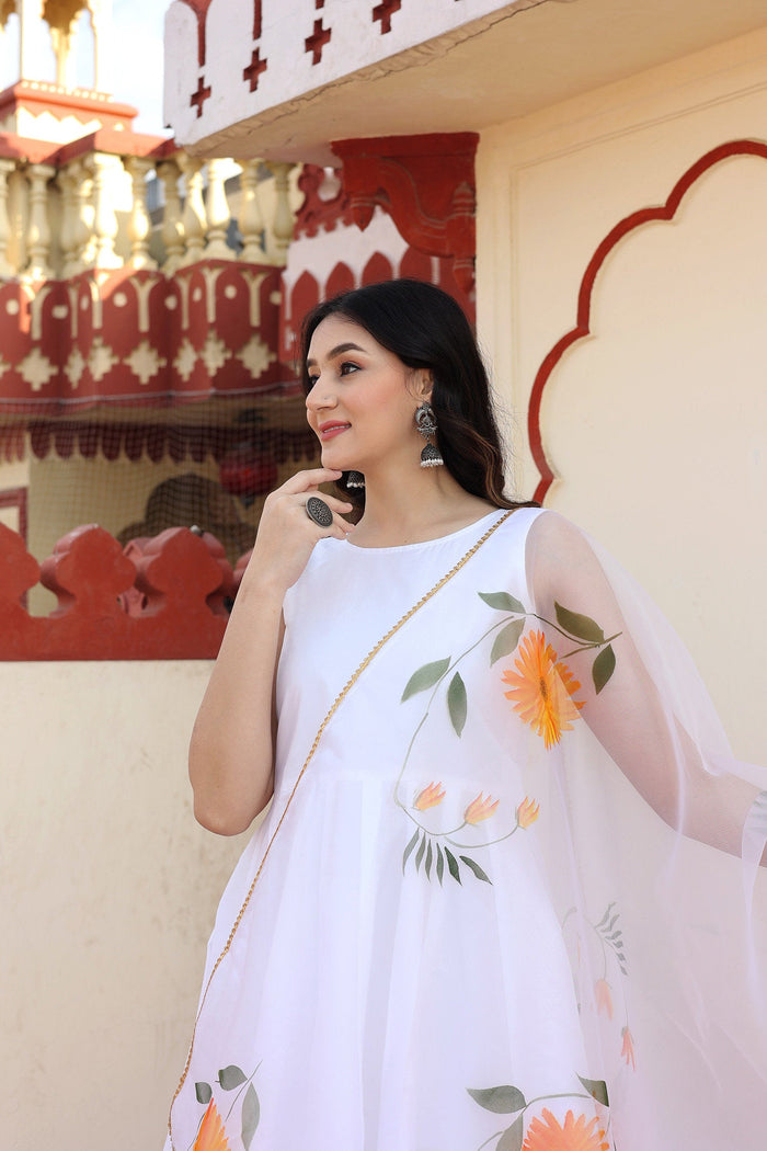 White Taffeta Silk Suit Set With Orange Floral Prints
