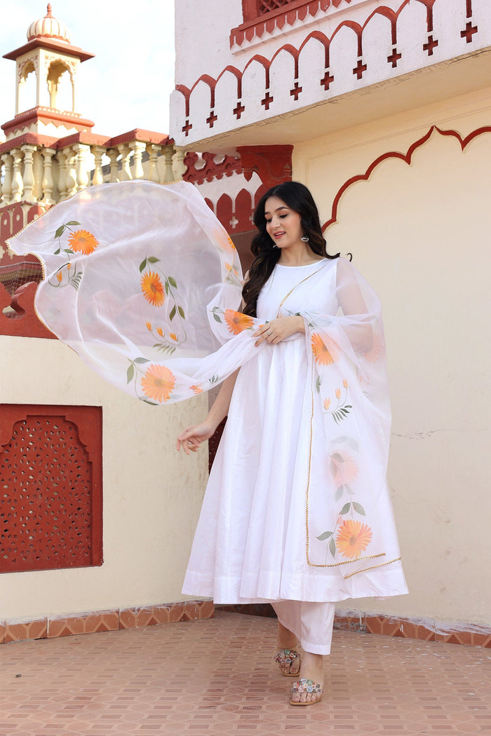 White Taffeta Silk Suit Set With Orange Floral Prints