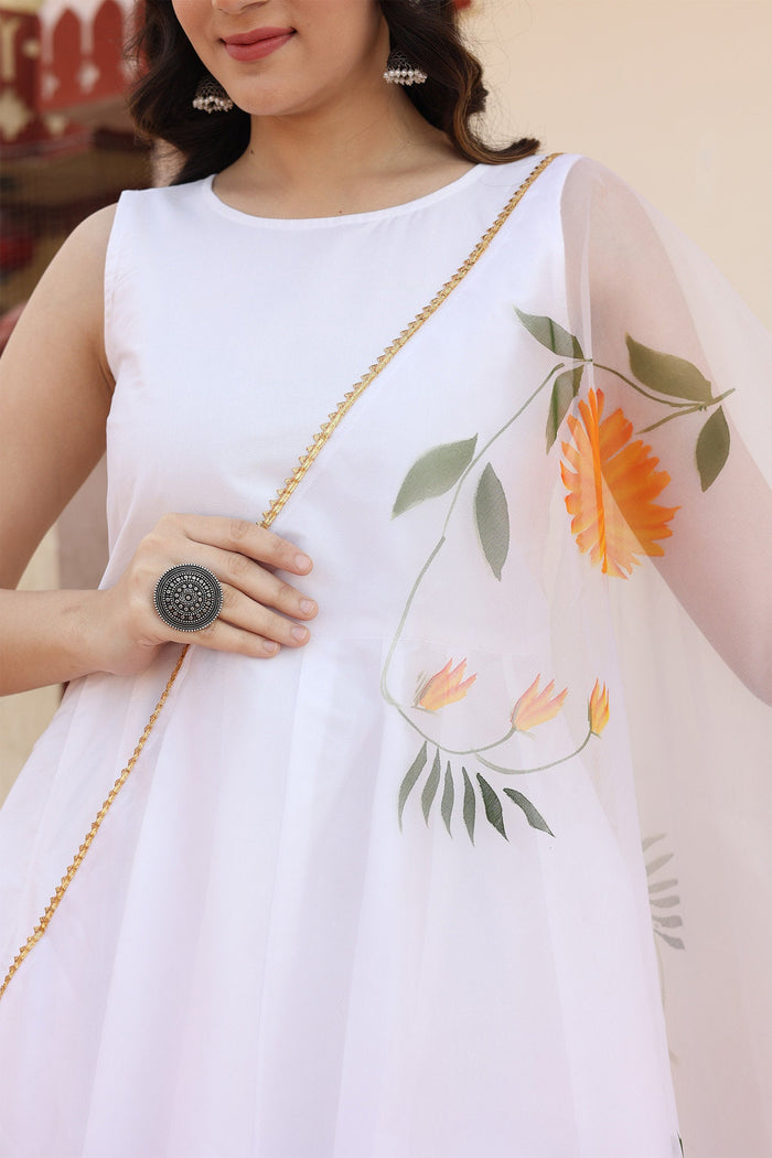 White Taffeta Silk Suit Set With Orange Floral Prints