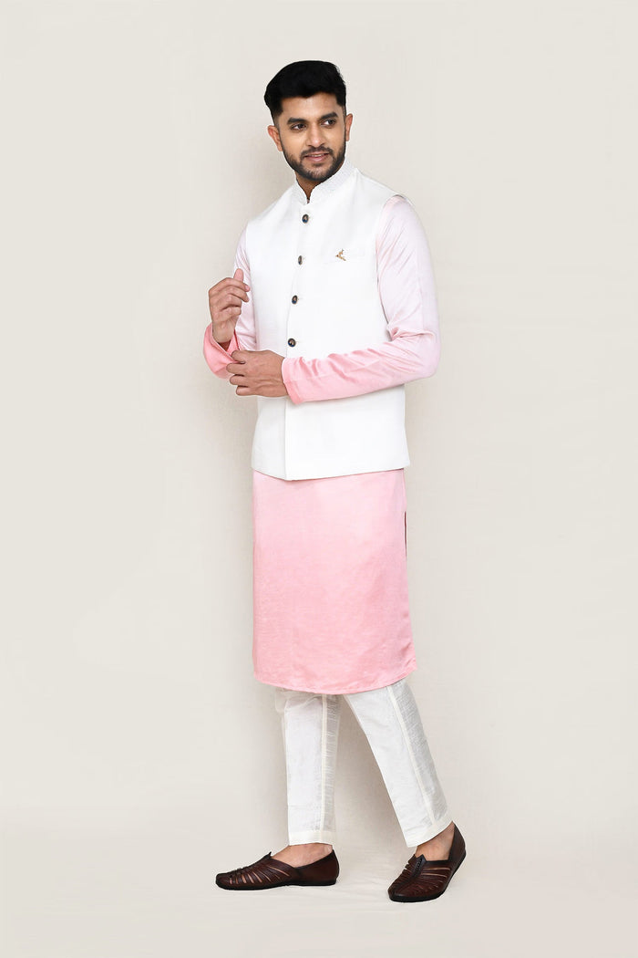 White To Pink Gradient Art Silk Kurta Set With Cotton Jacket
