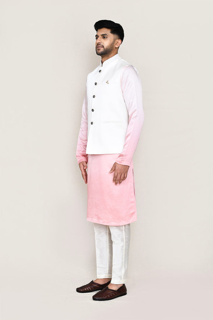 White To Pink Gradient Art Silk Kurta Set With Cotton Jacket