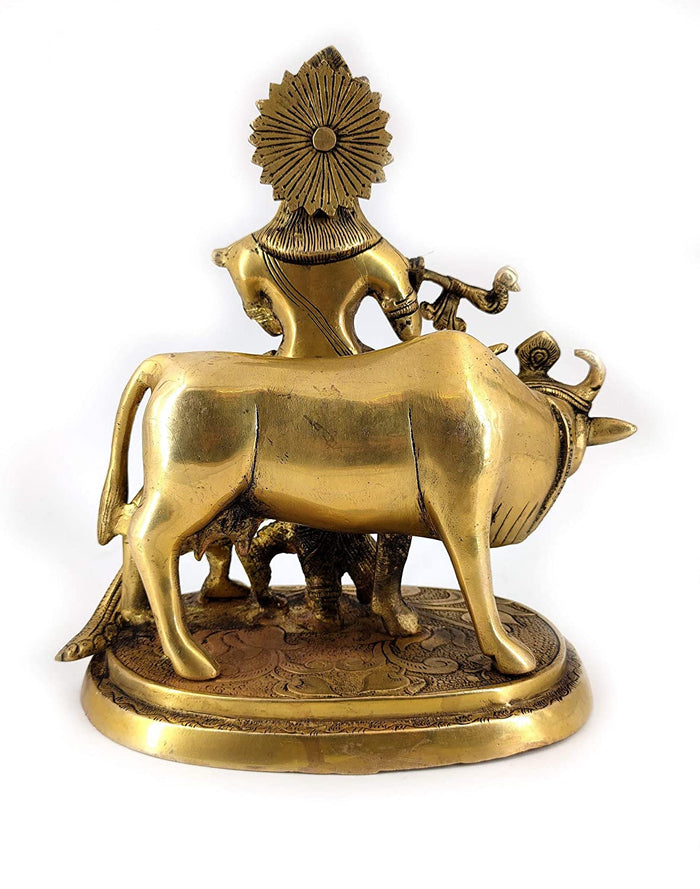 White Whale Lord Krishna With Cow Brass Statue Religious Strength God Sculpture Idol