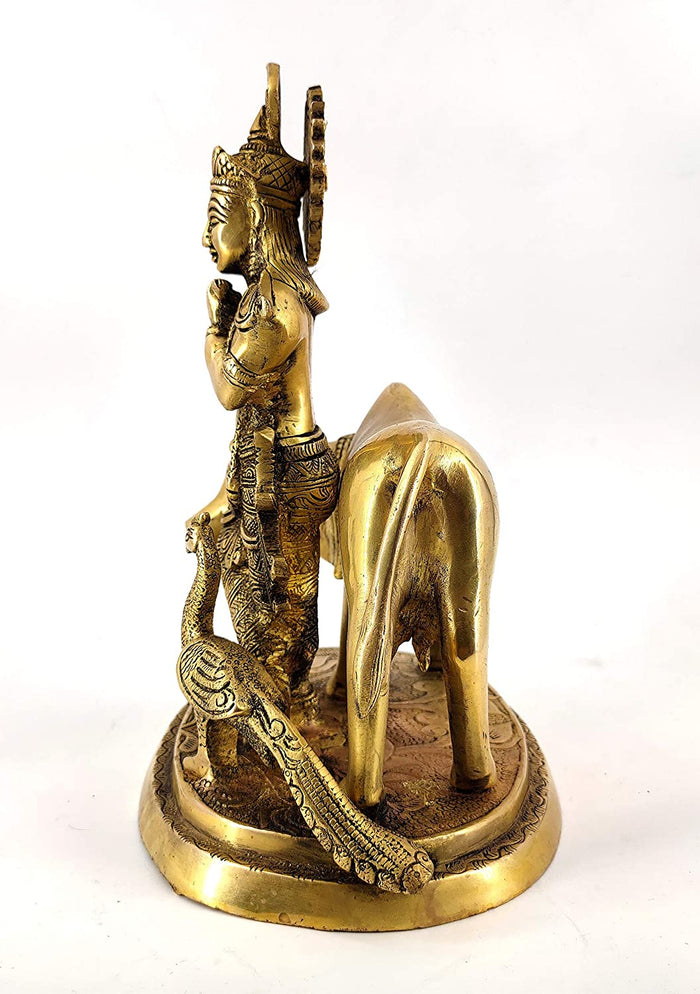 White Whale Lord Krishna With Cow Brass Statue Religious Strength God Sculpture Idol