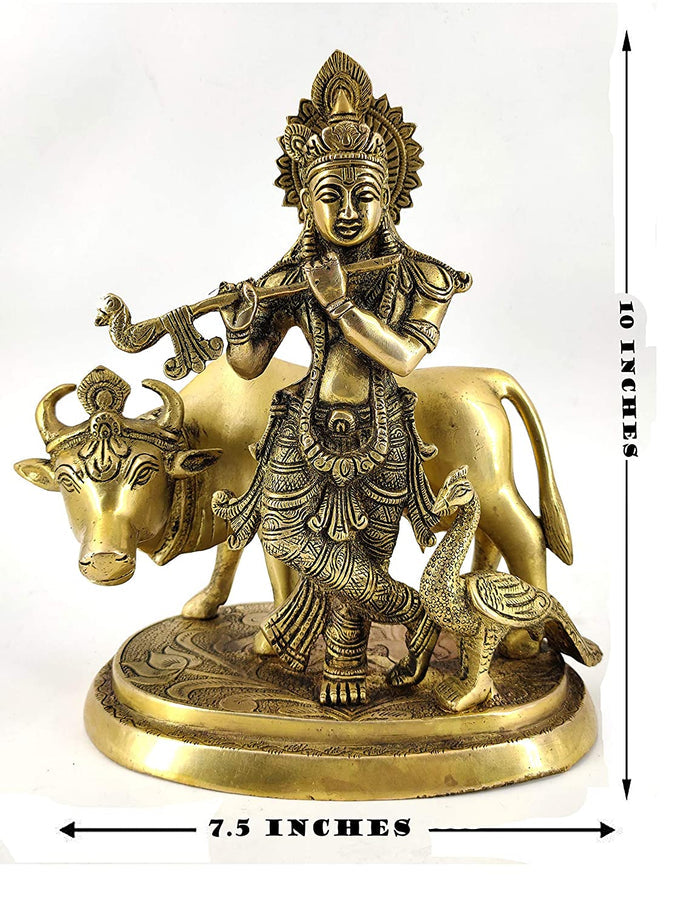 White Whale Lord Krishna With Cow Brass Statue Religious Strength God Sculpture Idol