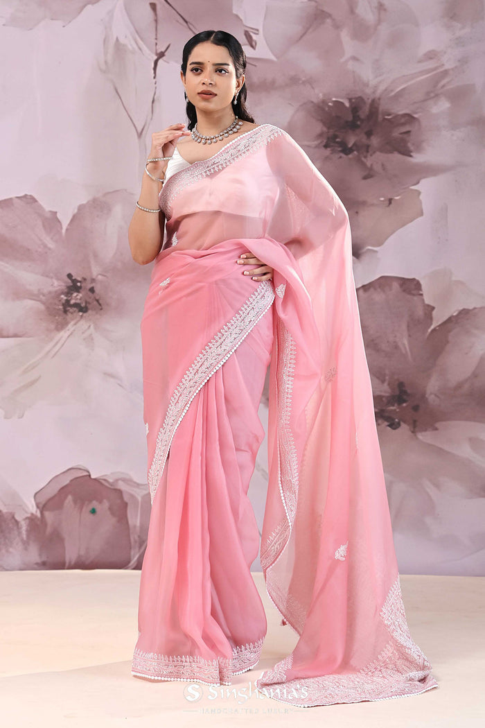<img> Wild Orchid Organza Saree With Embroidery