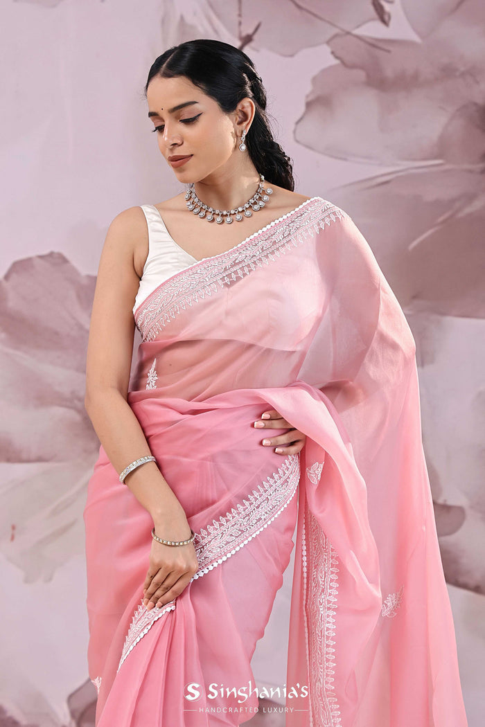 <img> Wild Orchid Organza Saree With Embroidery