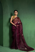 Wine Berry Silk Organza Saree With Embroidery Design