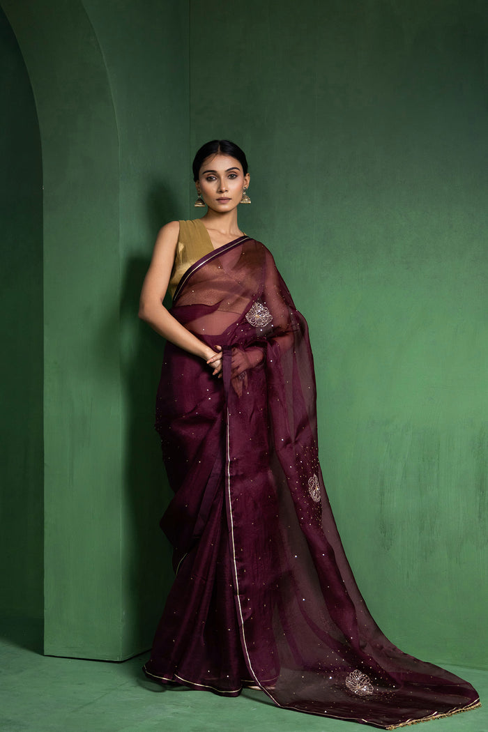Wine Berry Silk Organza Saree With Embroidery Design