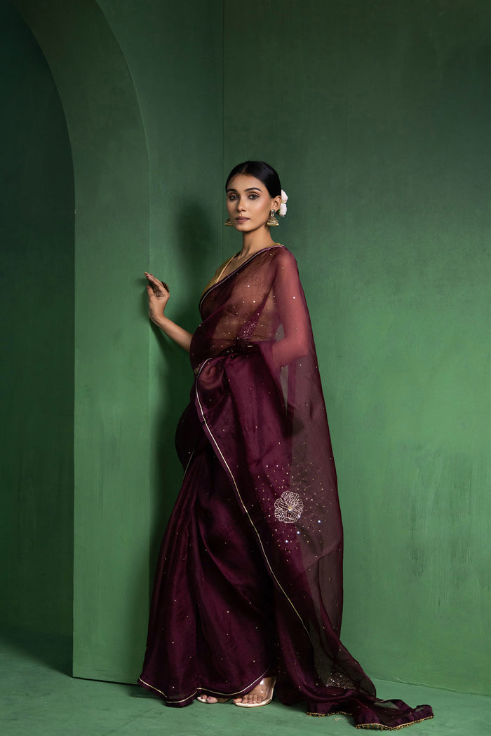 Wine Berry Silk Organza Saree With Embroidery Design