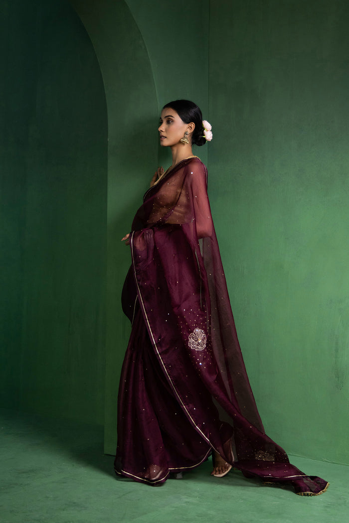 Wine Berry Silk Organza Saree With Embroidery Design