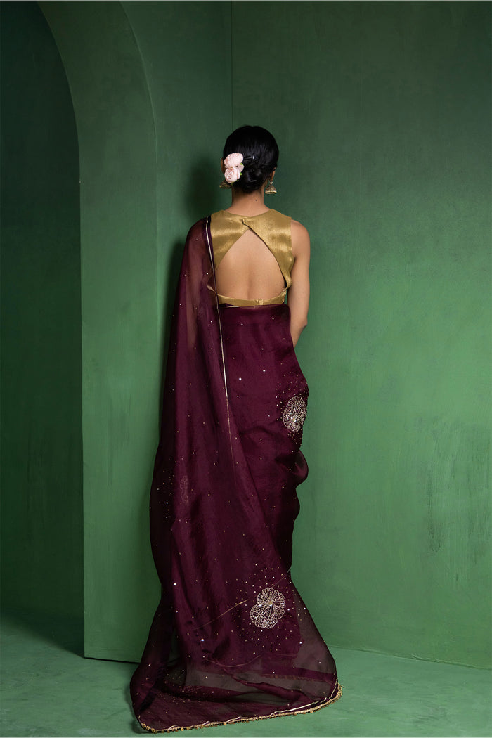 Wine Berry Silk Organza Saree With Embroidery Design