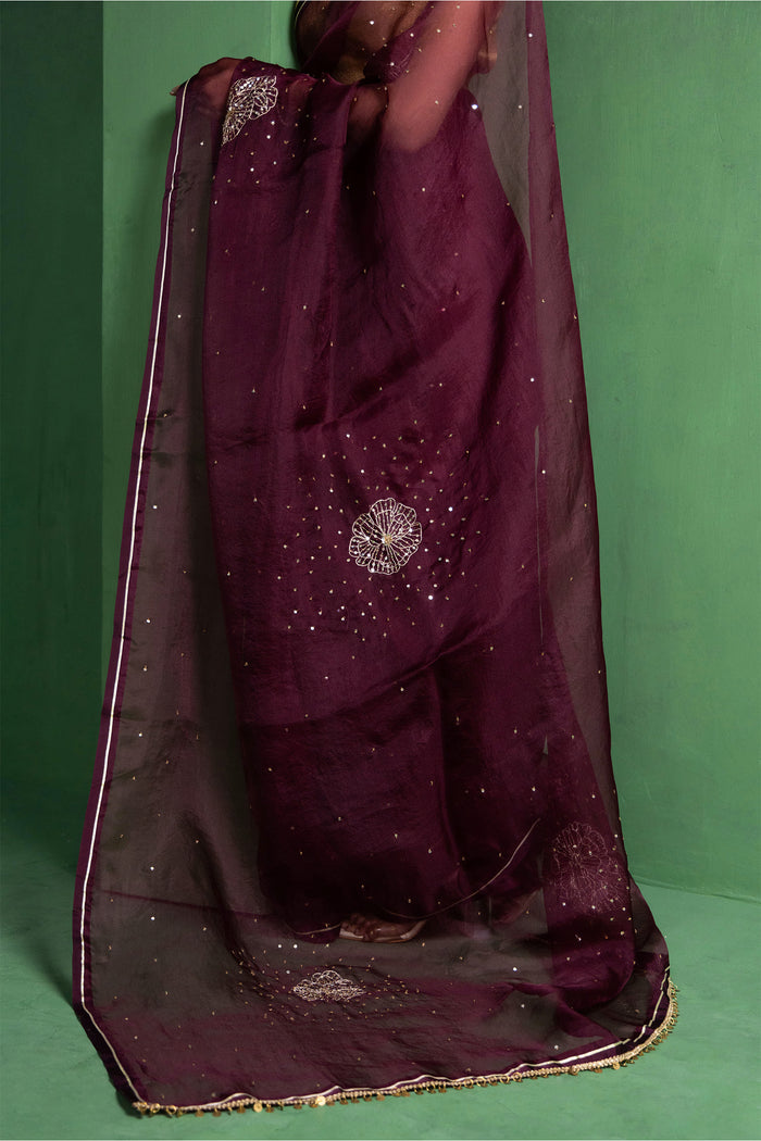 Wine Berry Silk Organza Saree With Embroidery Design