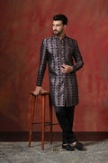Wine Black Cotton Blend Printed Sherwani Set