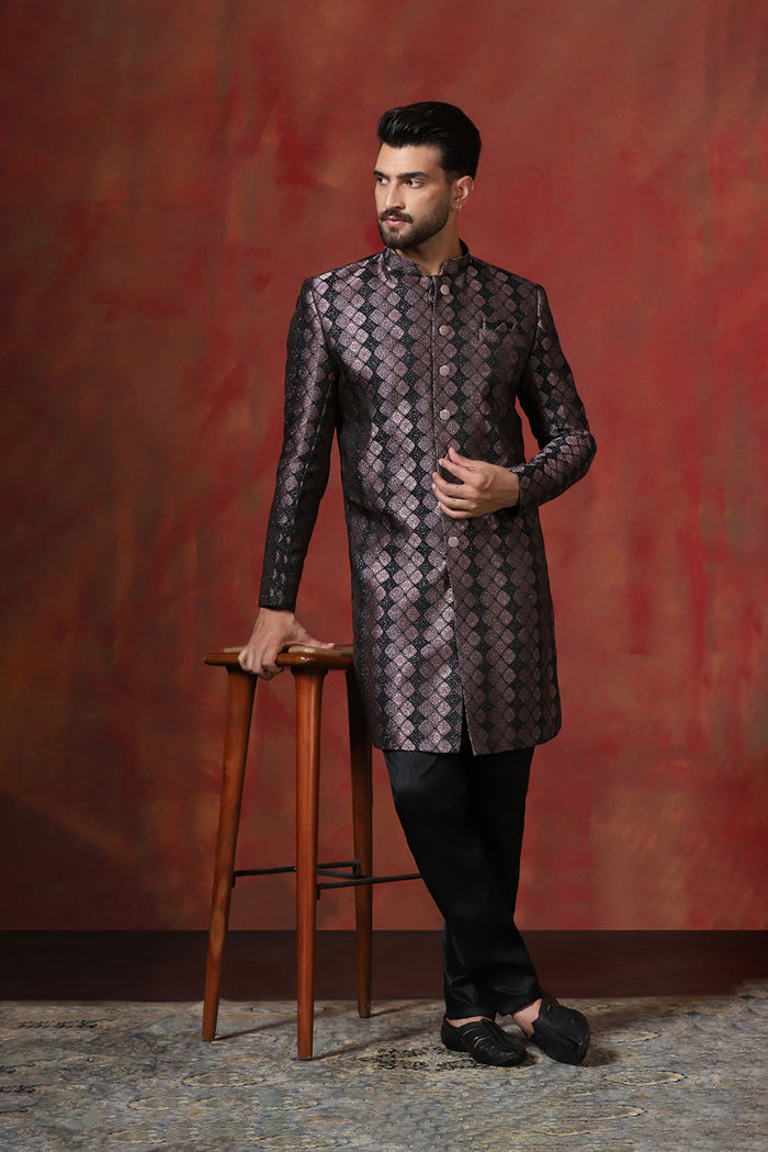 Wine Black Cotton Blend Printed Sherwani Set