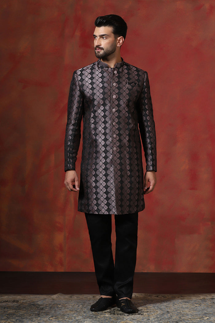 Wine Black Cotton Blend Printed Sherwani Set