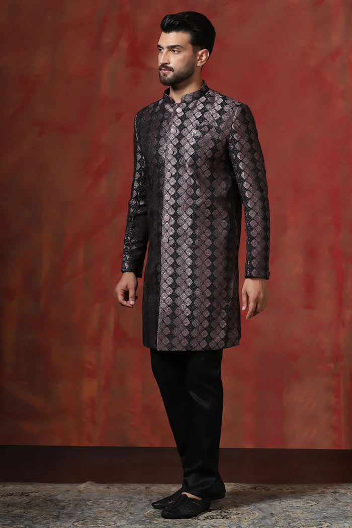 Wine Black Cotton Blend Printed Sherwani Set