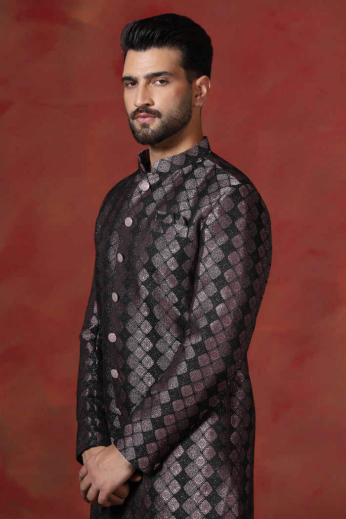 Wine Black Cotton Blend Printed Sherwani Set