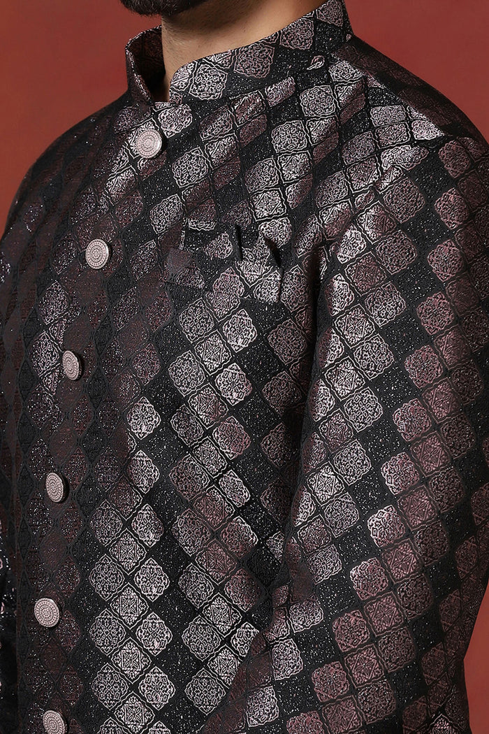 Wine Black Cotton Blend Printed Sherwani Set