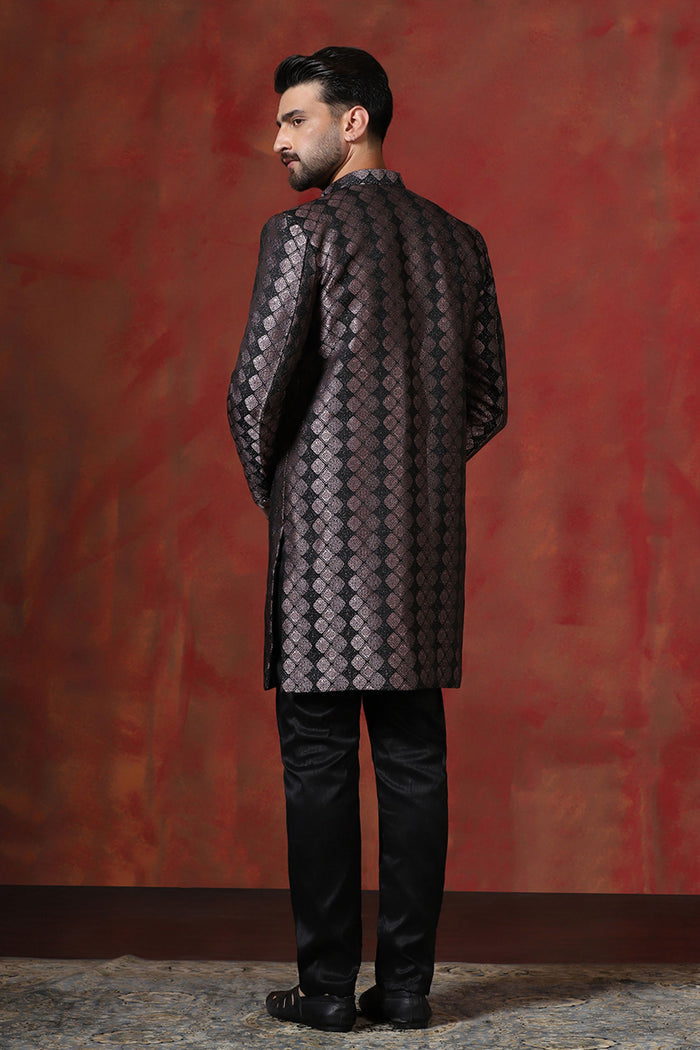 Wine Black Cotton Blend Printed Sherwani Set