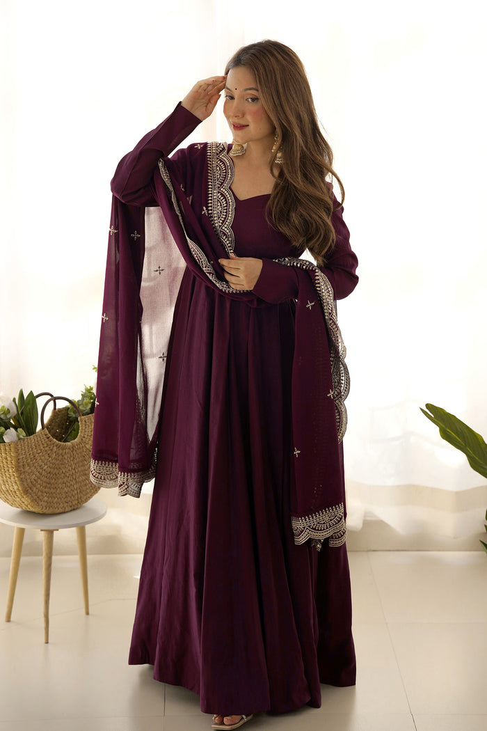 Wine Chanderi Solid Pattern Anarkali Set