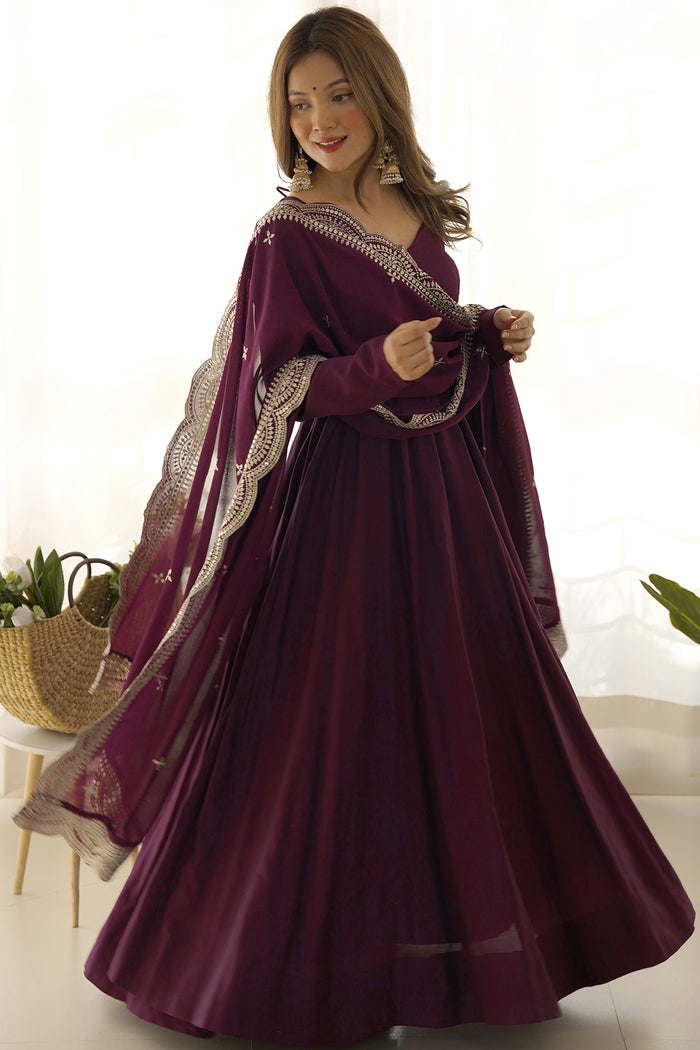 Wine Chanderi Solid Pattern Anarkali Set