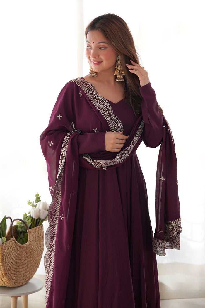 Wine Chanderi Solid Pattern Anarkali Set