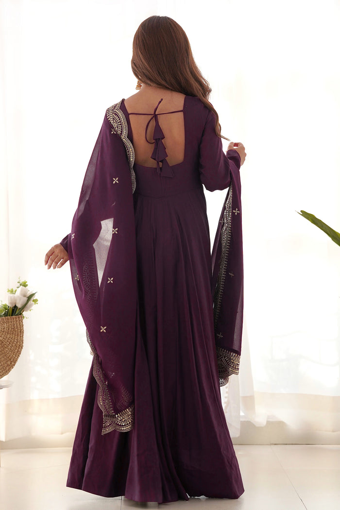Wine Chanderi Solid Pattern Anarkali Set