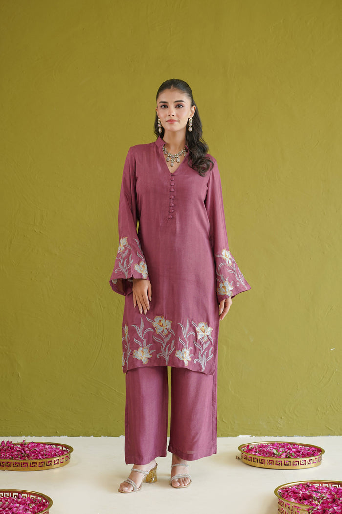 Wine Lily Embroidered Kurti