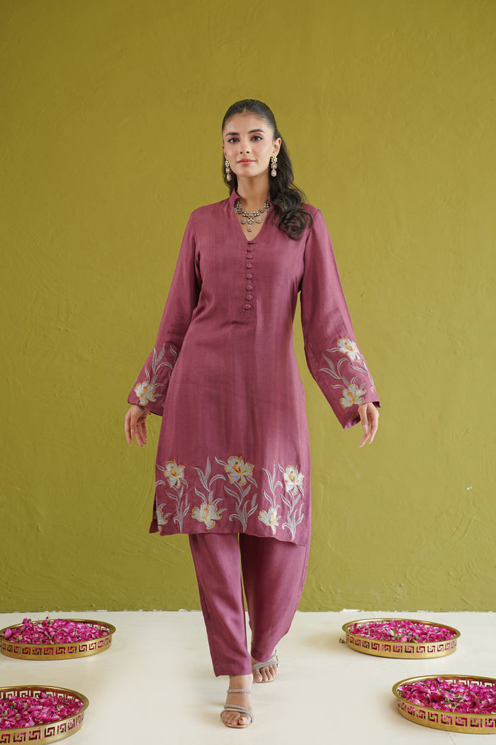 Wine Lily Embroidered Kurti